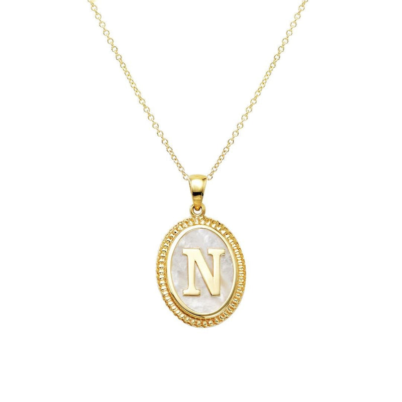 14K Yellow Gold Mother Of Pearl Initial Necklace, Letter N Necklace