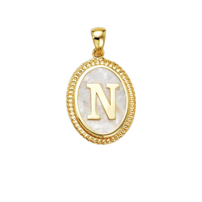 14K Yellow Gold Mother Of Pearl Initial Necklace, Letter N Necklace