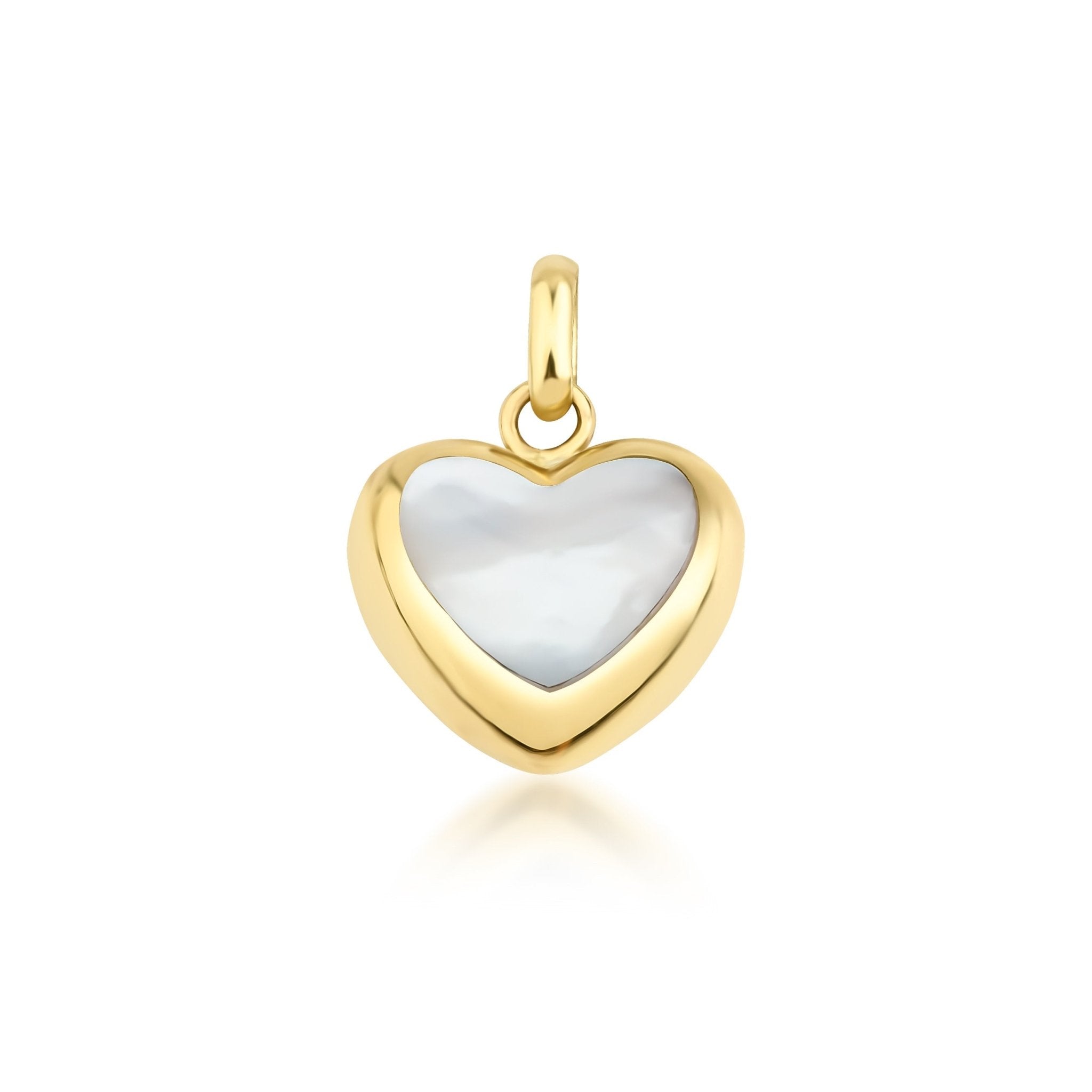 14K yellow gold puffed heart pendant featuring natural mother of pearl, ideal for everyday wear.
