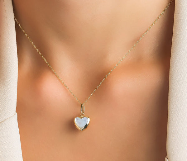 14K Yellow Gold Mother of Pearl Puffed Heart Pendant or Necklace
