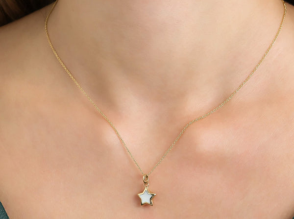 14K Yellow Gold Mother Of Pearl Puffed Star Pendant or Necklace