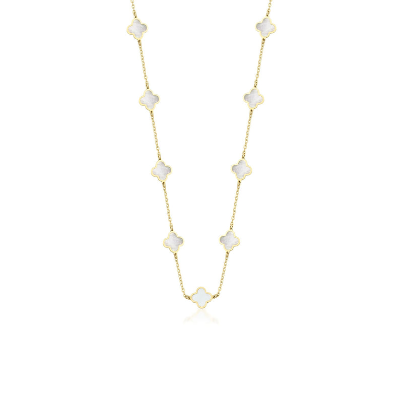 14K Yellow Gold Mother of Pearl Station Four Leaf Clover Necklace