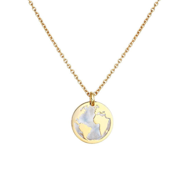 14K Yellow Gold Mother of Pearl World Map Necklace