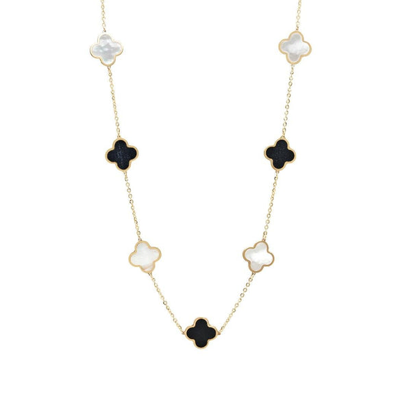 14K Yellow Gold Onyx and Mother of Pearl Clover Necklace
