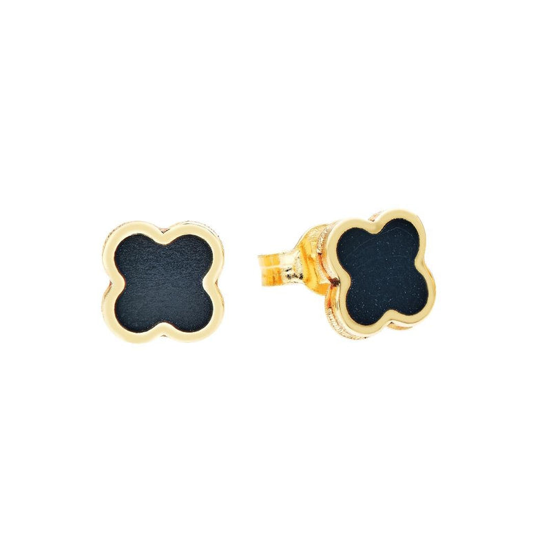 14K Yellow Gold Onyx Four Leaf Clover Earrings