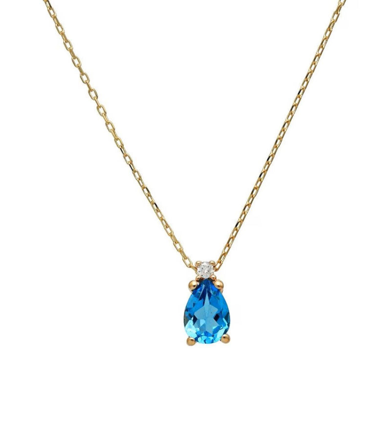 14K Yellow Gold Pear Shape Blue Topaz Solitaire Necklace