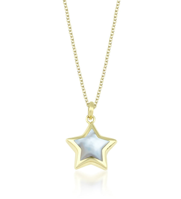 14K Yellow Gold Pearl Puffed Star Necklace
