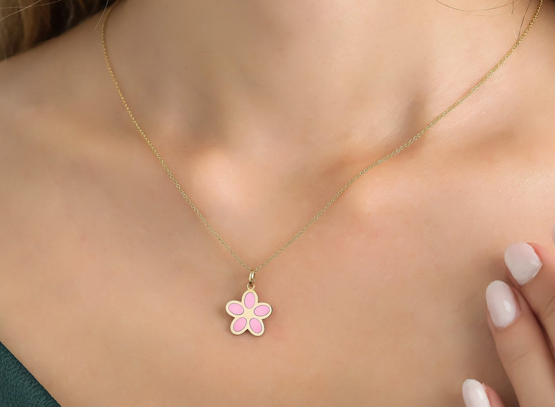 14K Yellow Gold Pink Daisy Flower Pendant or Necklace