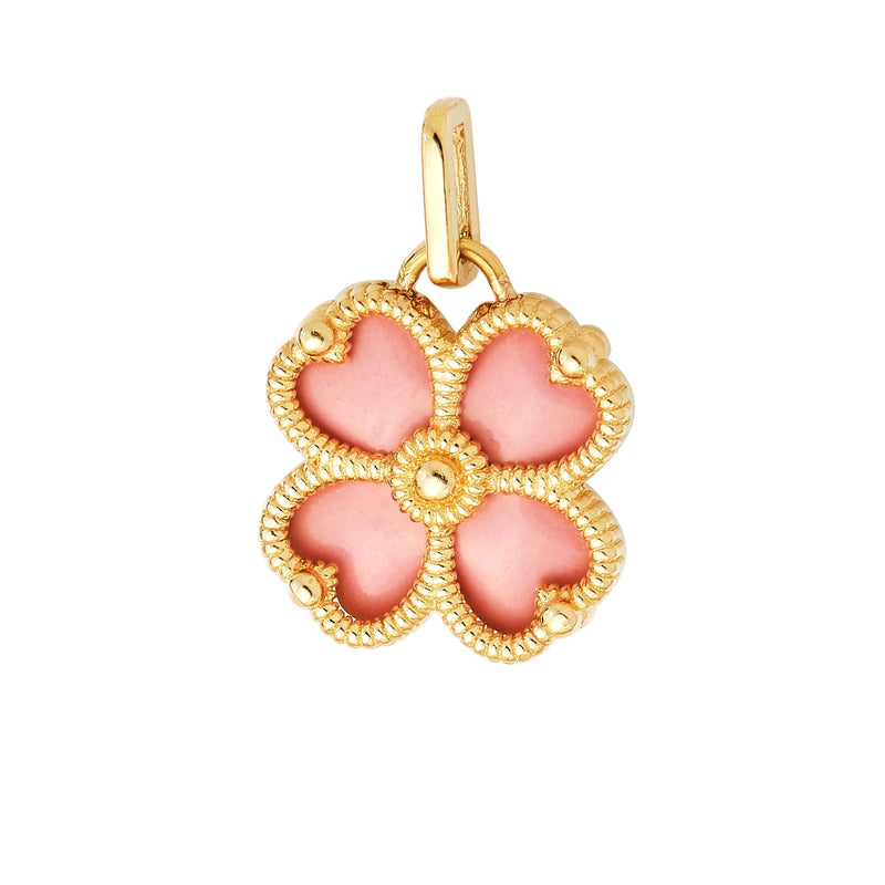 14K Yellow Gold Pink Enamel Four Leaf Clover Pendant or Necklace