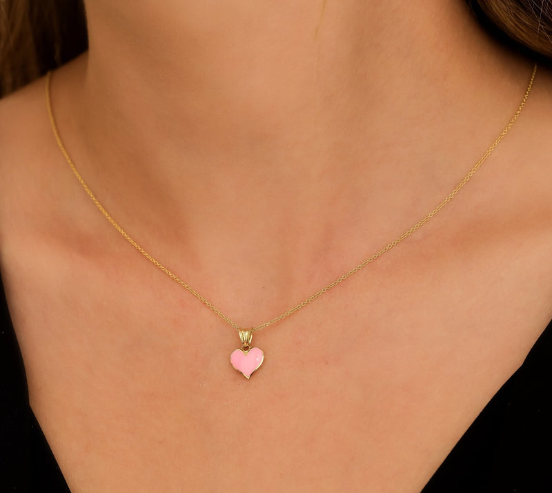 14K Yellow Gold Pink Enamel Heart Necklace