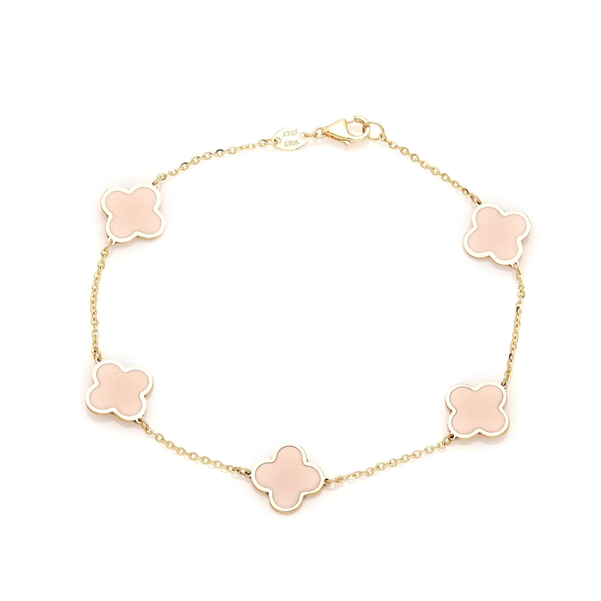 14K solid yellow gold bracelet with pink four leaf clovers, delicate, classy design, perfect for everyday use.