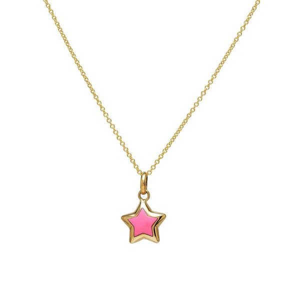 14K Yellow Gold Pink Puffed Star Necklace
