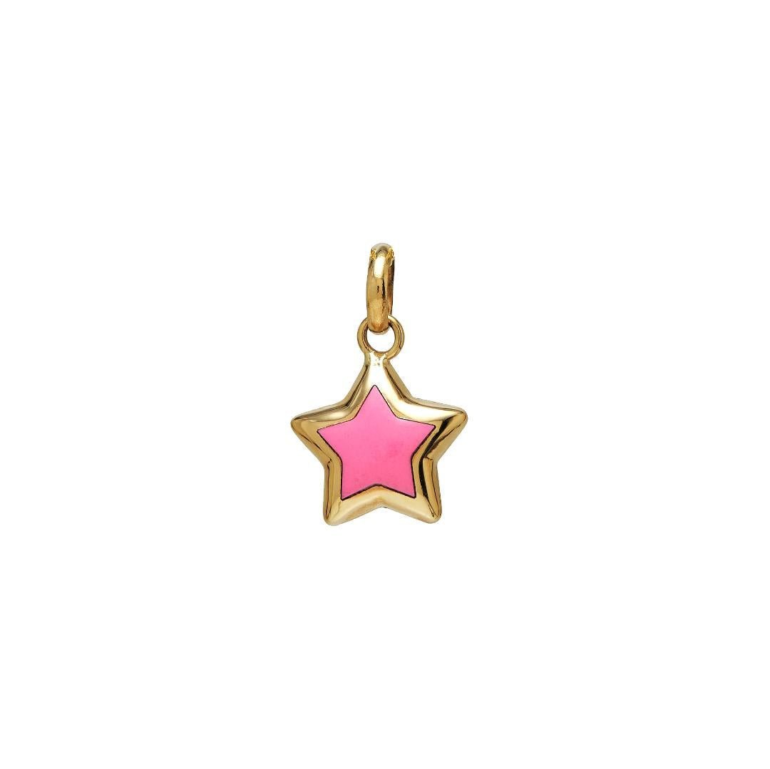 14K yellow gold pink puffed star pendant, dainty star charm for necklace, perfect for everyday wear.