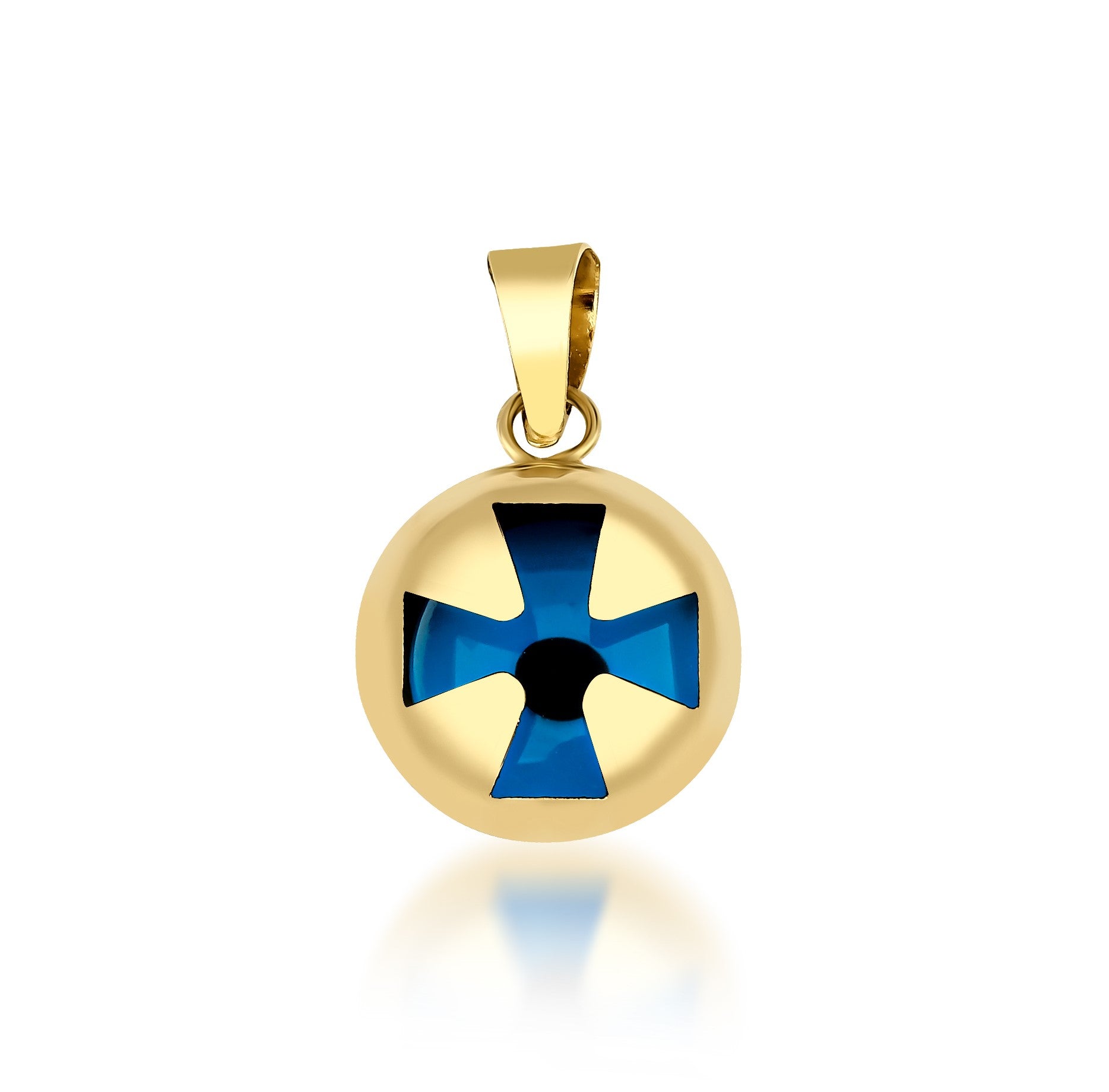 14K yellow gold puffed cross pendant with blue evil eye design, minimalist jewelry perfect for everyday wear.