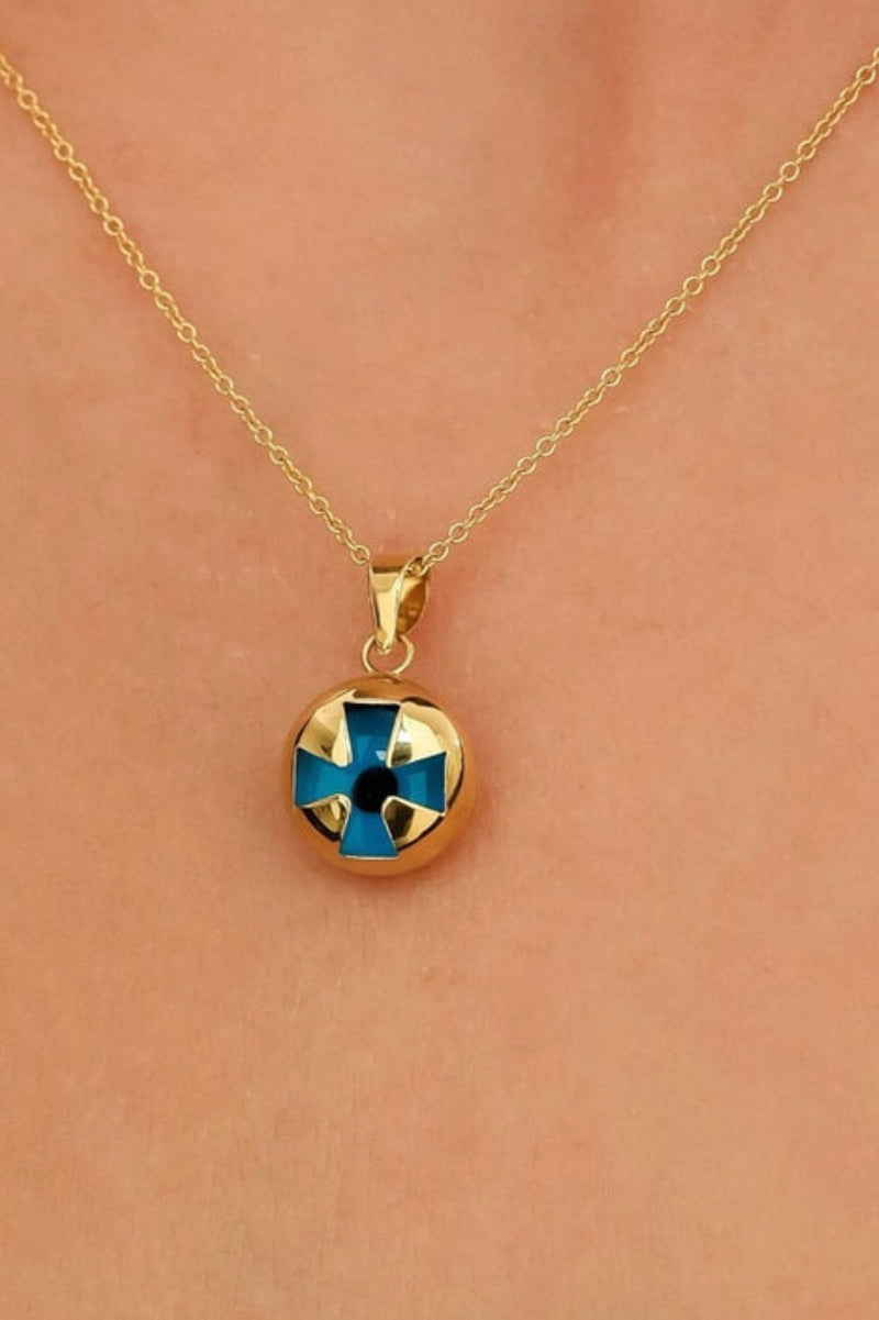 14K Yellow Gold Puffed Cross Necklace, Evil Eye Necklace