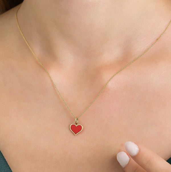 14K Yellow Gold Red Coral Heart Necklace