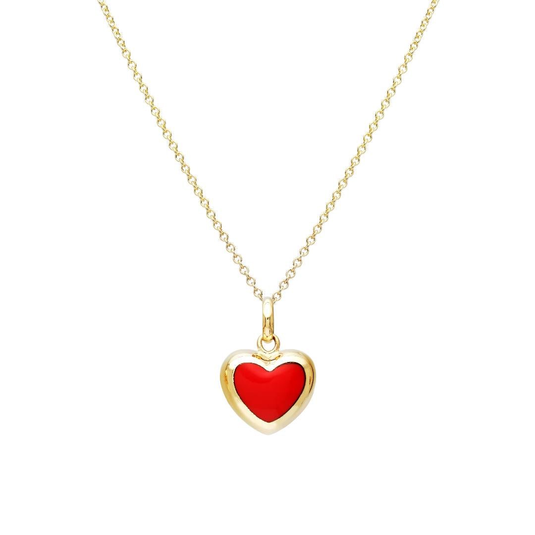 14K yellow gold necklace featuring a red coral puffed heart pendant, perfect for everyday wear.