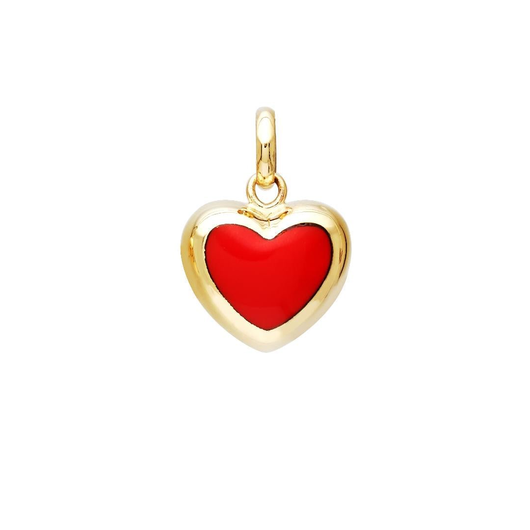 14K yellow gold red coral puffed heart pendant, dainty necklace for everyday wear, 11.25mm heart dimensions.