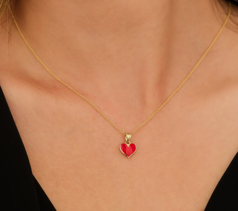 14K Yellow Gold Red Enamel Heart Necklace