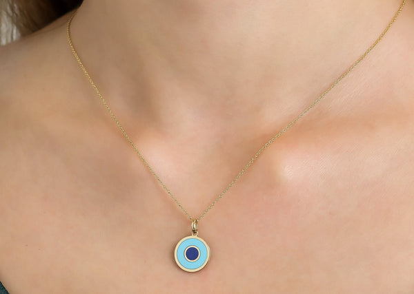 14K Yellow Gold Round Turquoise Evil Eye Necklace