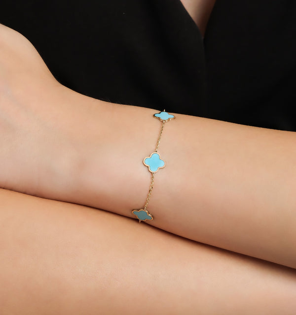 14K Yellow Gold Station Turquoise Four Leaf Clover Bracelet