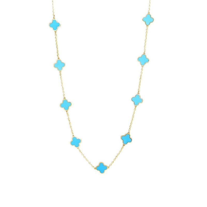 14K Yellow Gold Station Turquoise Four Leaf Clover Necklace