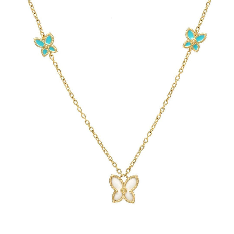 14K Yellow Gold Turquoise and Mother of Pearl Butterfly Necklace