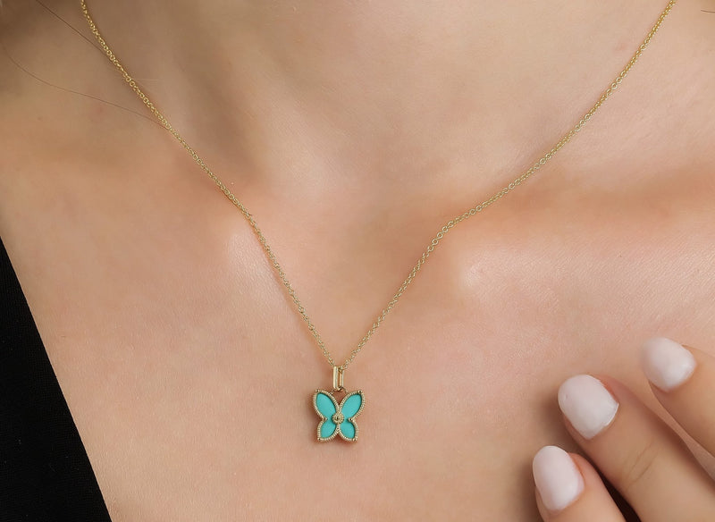 14K Yellow Gold Turquoise Butterfly Necklace