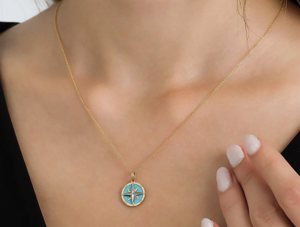 14K Yellow Gold Turquoise Compass Necklace