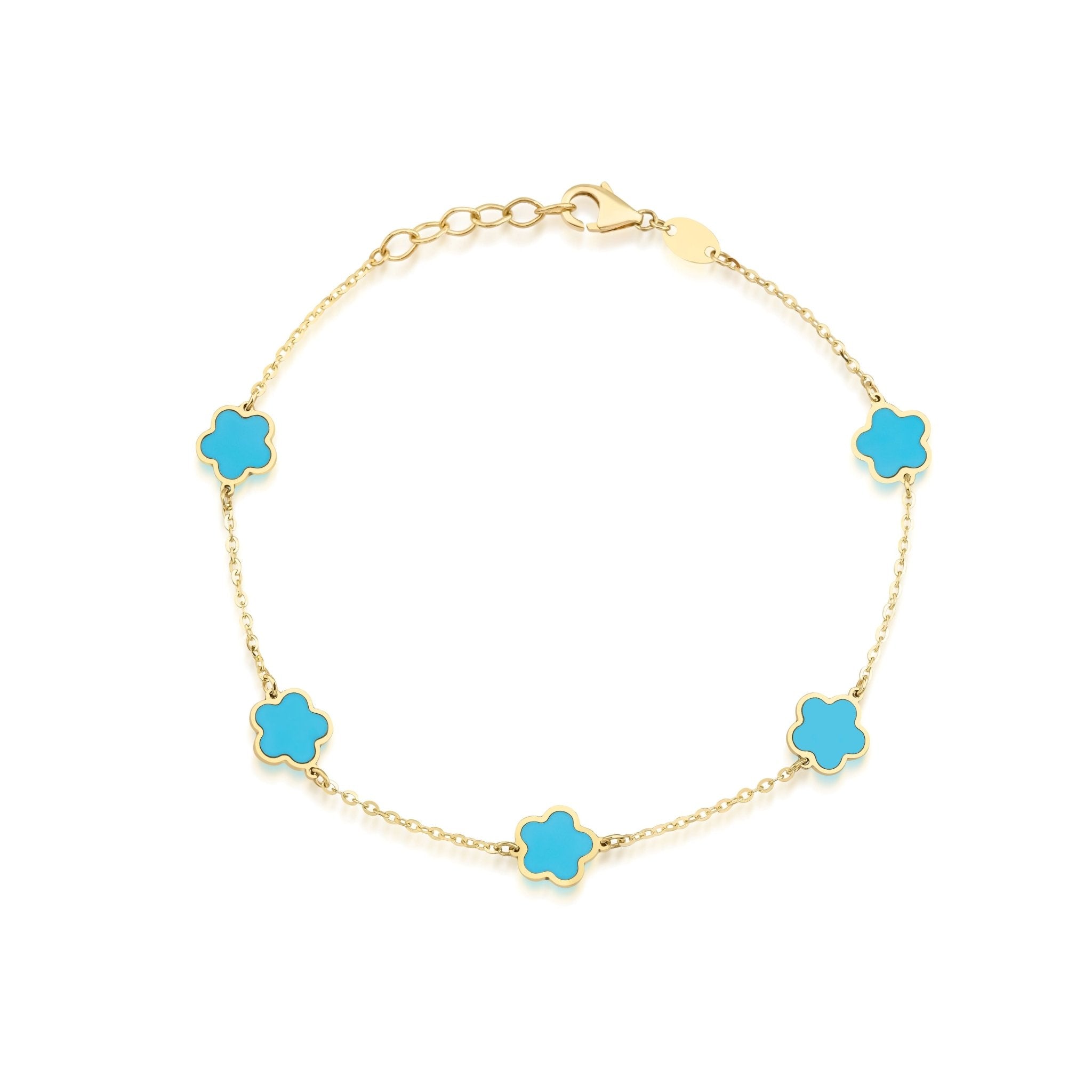 14K yellow gold bracelet with turquoise blossom charms, 7 inches long, perfect for everyday elegance.