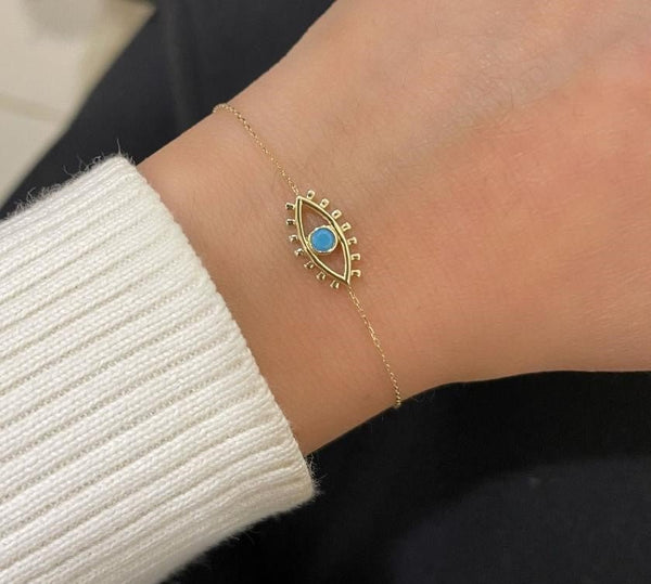 14K Yellow Gold Turquoise Eye Shape Evil Eye Bracelet