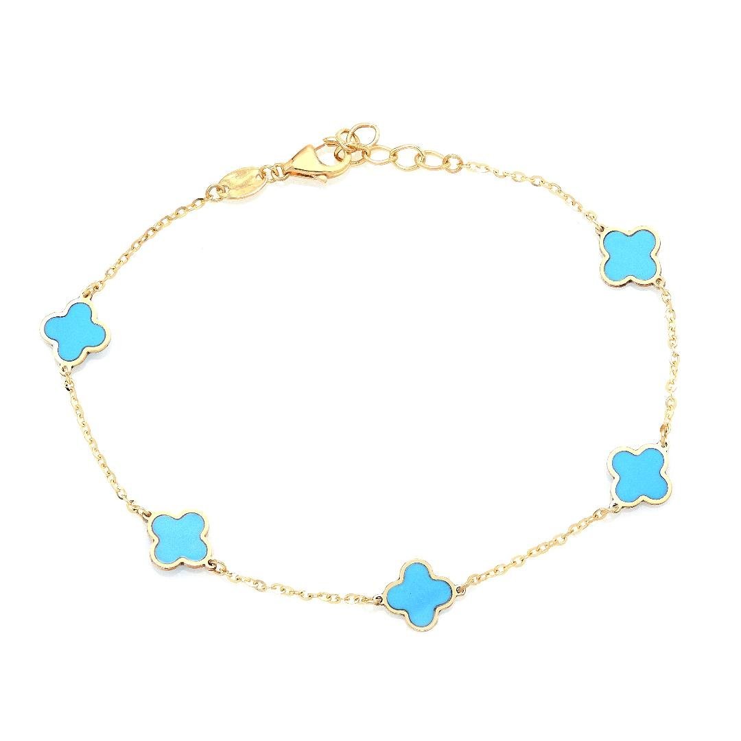 14K solid yellow gold bracelet with turquoise four leaf clover stations, 6.5-7 in length, lobster clasp, elegant gift box.