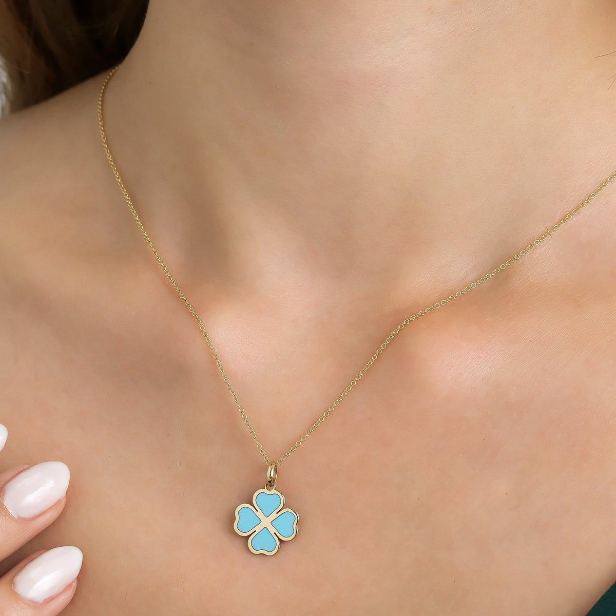 14K Yellow Gold Turquoise Clover Necklace Elegant Charm