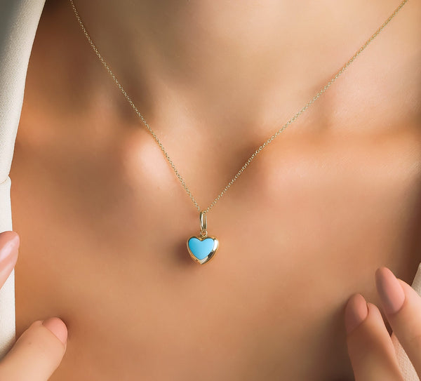 14K Yellow Gold Turquoise Puffed Heart Necklace
