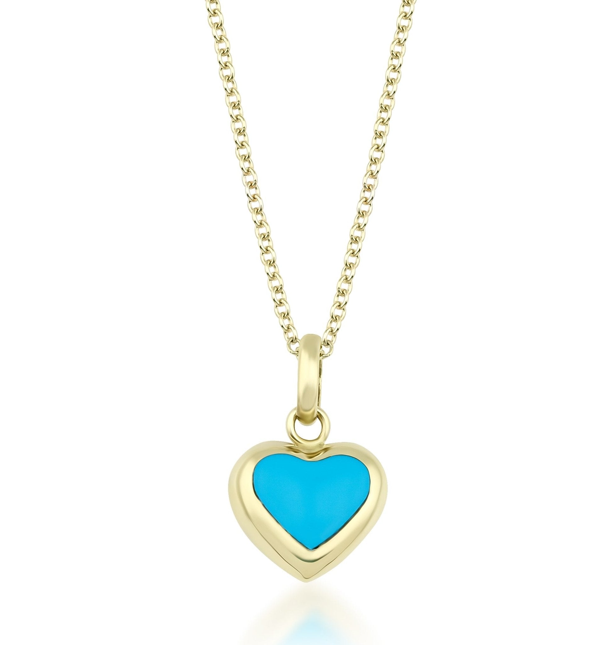 14K yellow gold turquoise puffed heart pendant necklace with delicate chain, perfect for everyday wear.