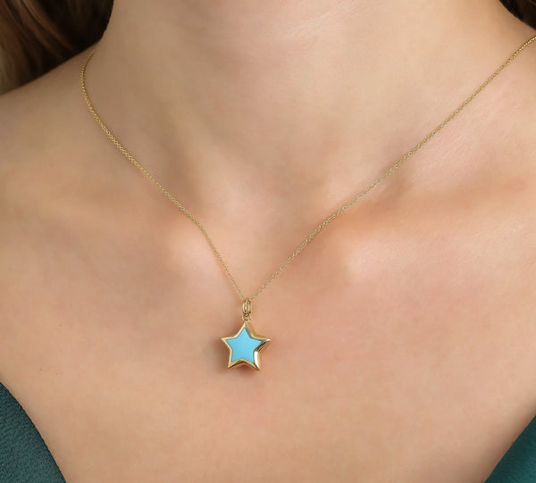 14K Yellow Gold Turquoise Puffed Star Necklace