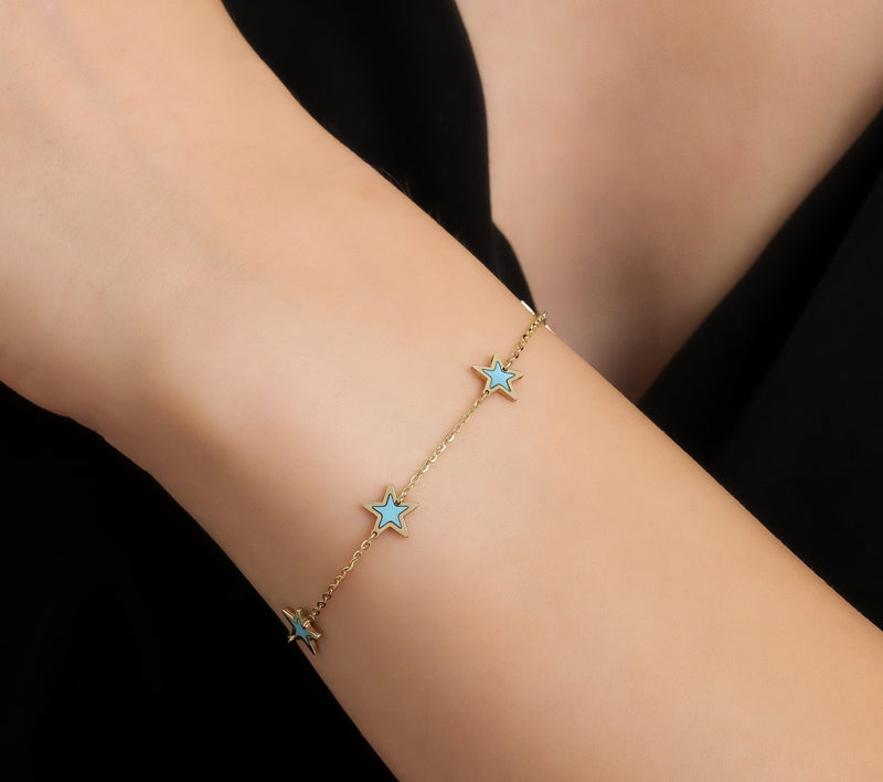 14K Yellow Gold Turquoise Star Station Bracelet
