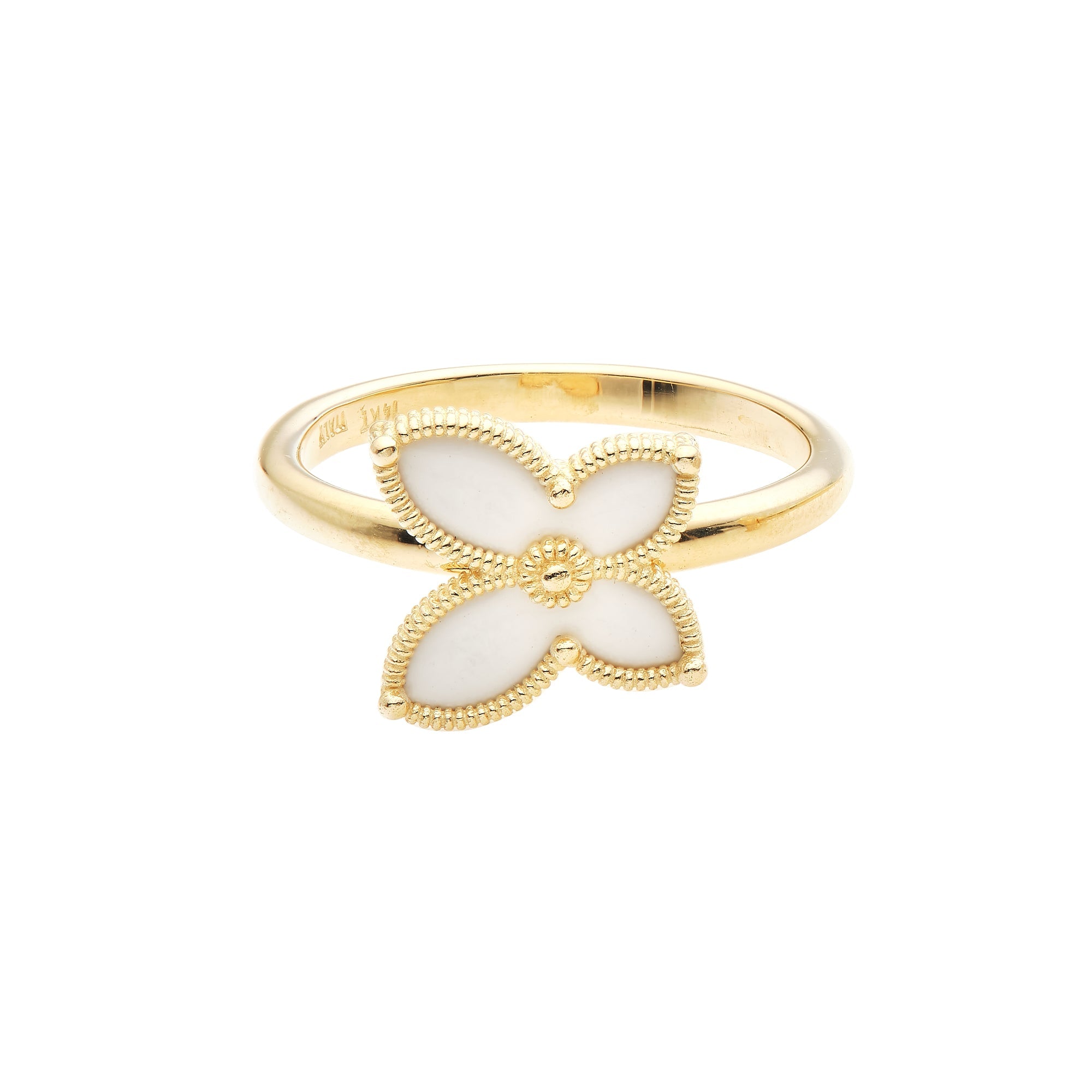 14K solid yellow gold butterfly ring with white enamel, delicate and elegant design, size 4 to 6.25.
