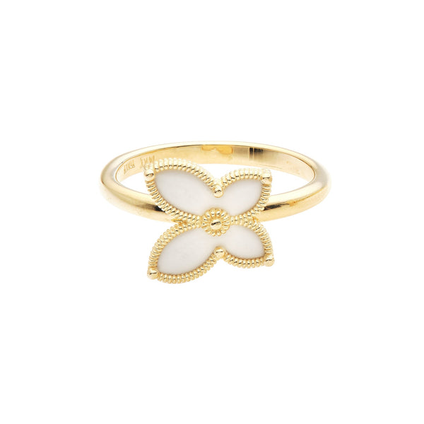 14K Yellow Gold White Enamel Butterfly Ring
