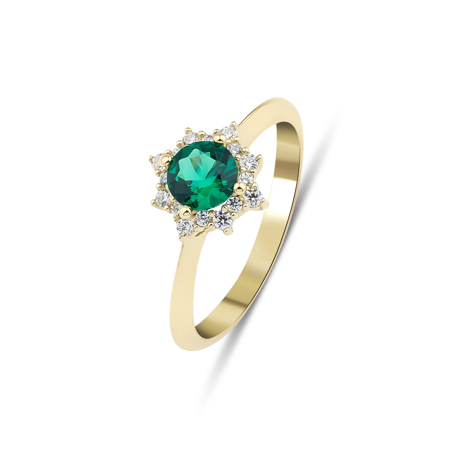 14K yellow gold round emerald ring with CZ side stones, elegant women's wedding band in gift box.