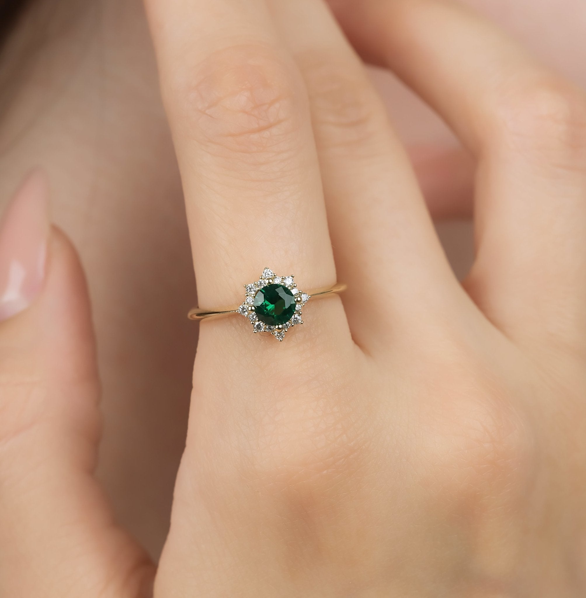 14K yellow gold round emerald ring with CZ on hand; stunning women's wedding band in gift box.