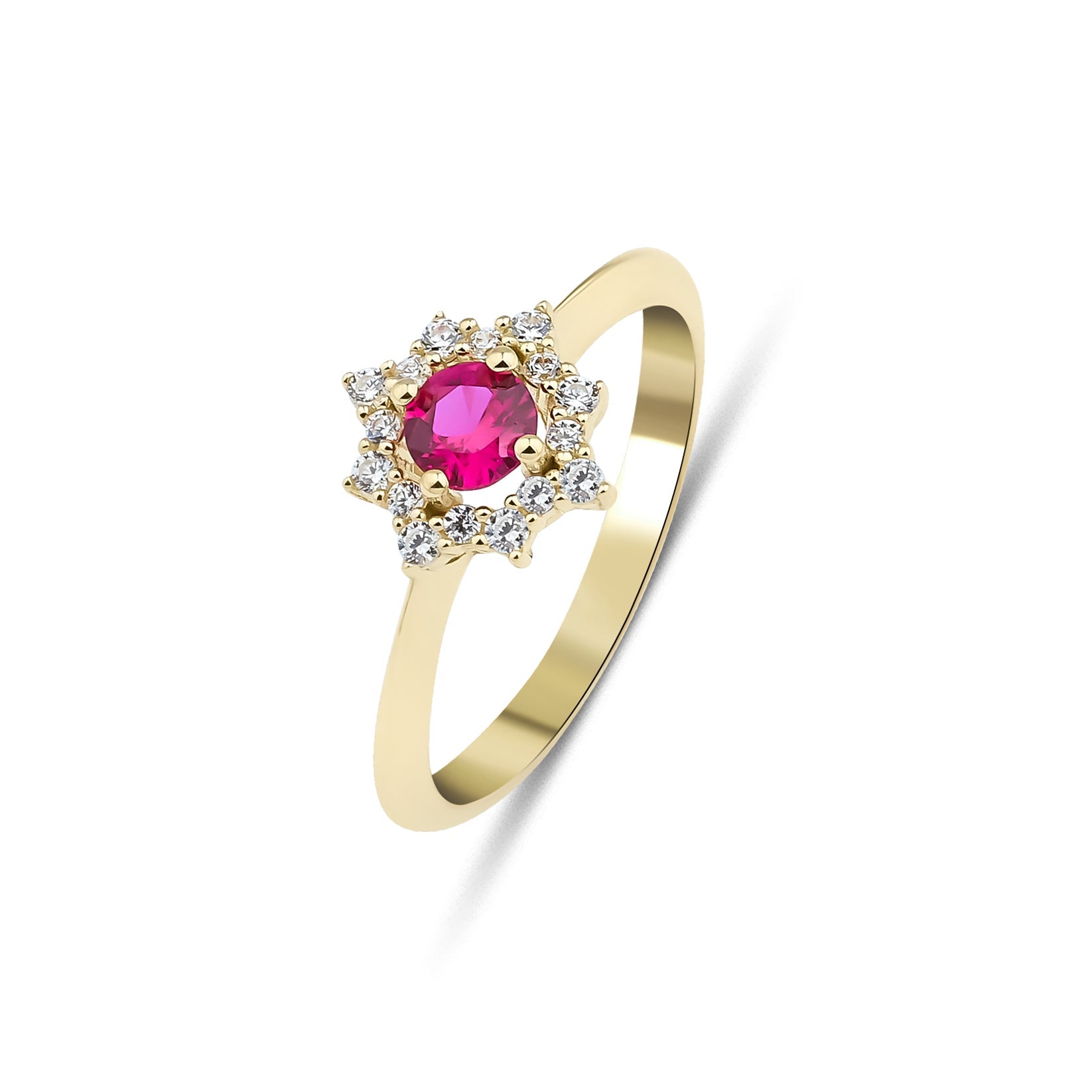 14K yellow gold round ruby ring with CZ accents, womens wedding ring, stunning gift in a box.