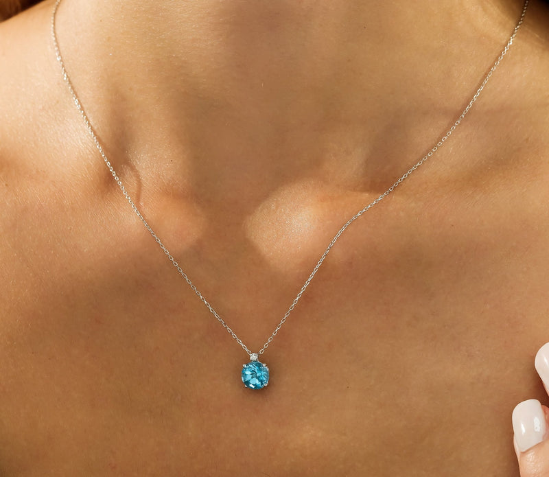 14K Yellow Natural Blue Topaz and Diamond Solitaire Necklace