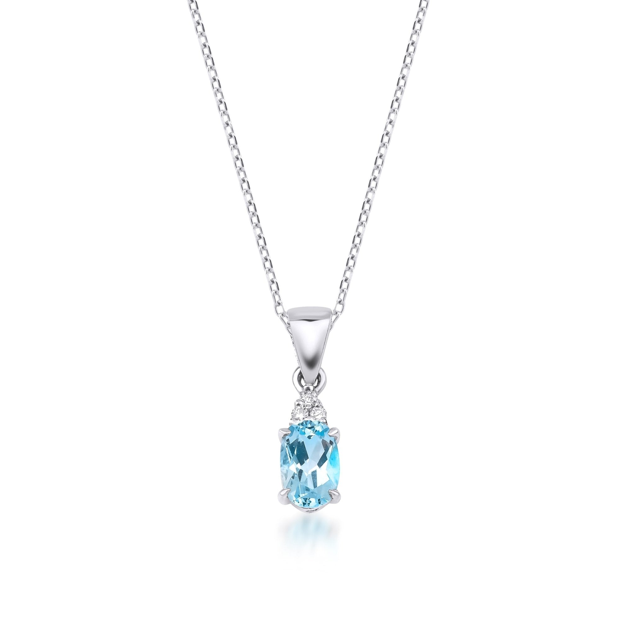 14K white gold necklace with oval blue topaz pendant and diamond accents, 16-inch chain, elegant and dainty jewelry.