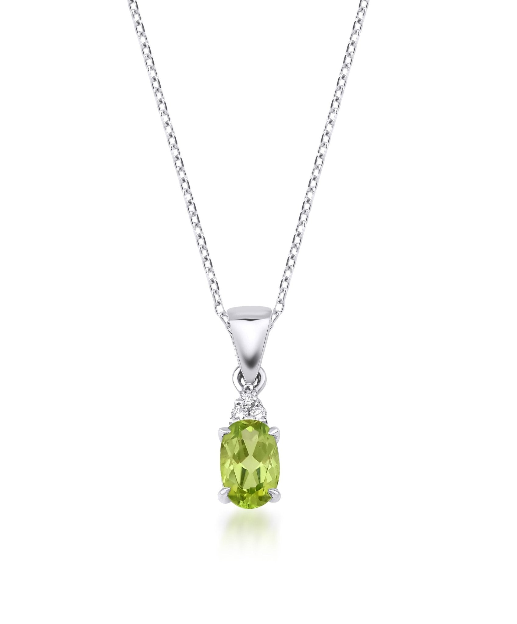 14K white gold necklace featuring a natural oval peridot pendant with diamond accents, perfect for everyday elegance.