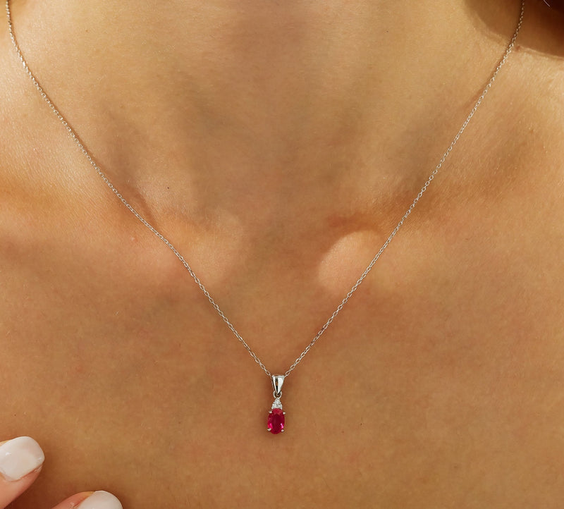 14K Yellow Oval Ruby and Diamond Solitaire Necklace