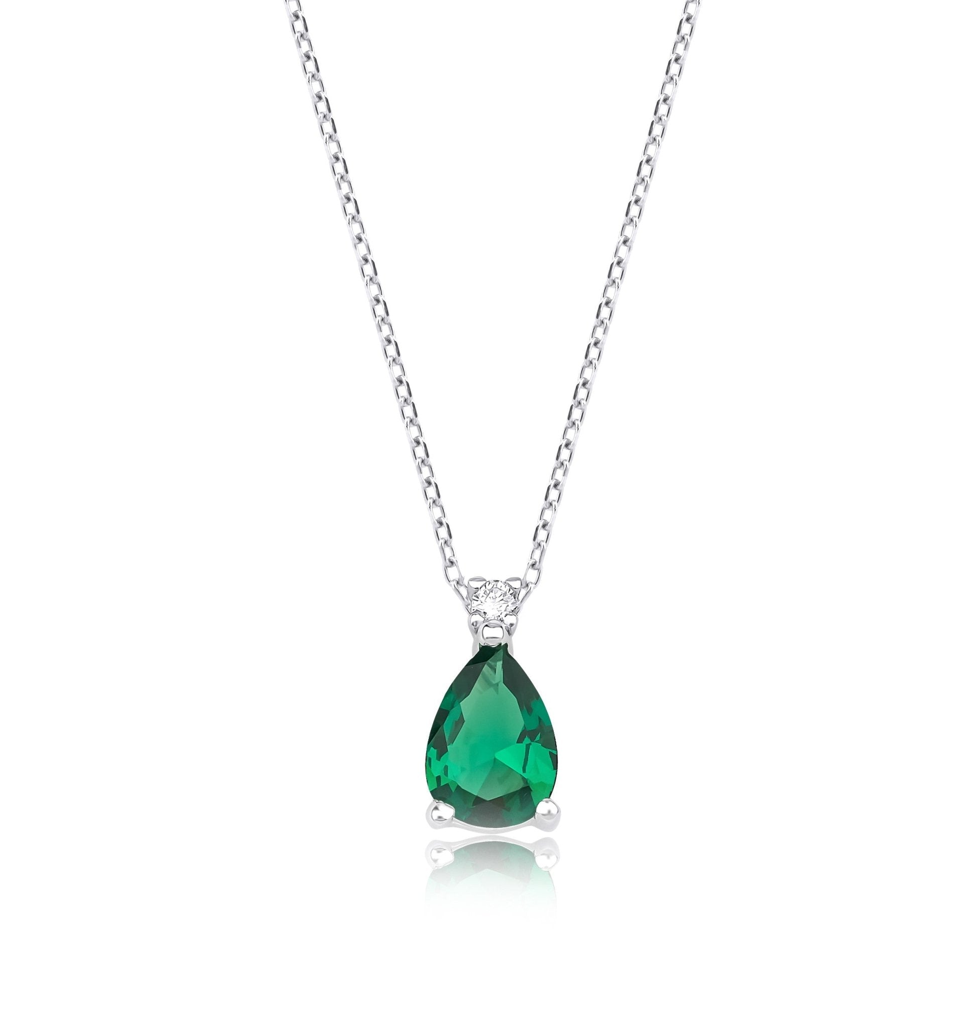 14K white gold pear shape emerald necklace with diamond accents, elegant design for everyday wear.
