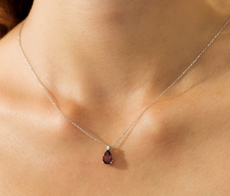 14K Yellow Pear Shape Garnet and Diamond Solitaire Necklace
