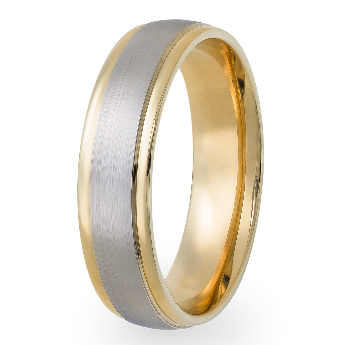 18K yellow gold and platinum men's wedding ring, 6mm wide, satin finish center and shiny edges, comfort fit.