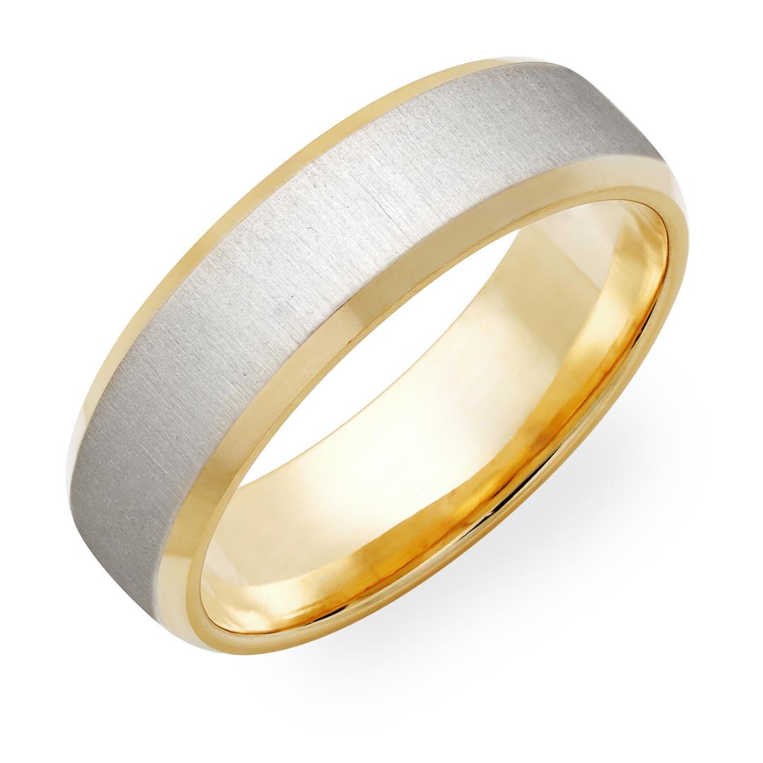 18K yellow gold and platinum beveled edge wedding ring 6mm with brushed and shiny finishes, comfort fitted, made in New York.